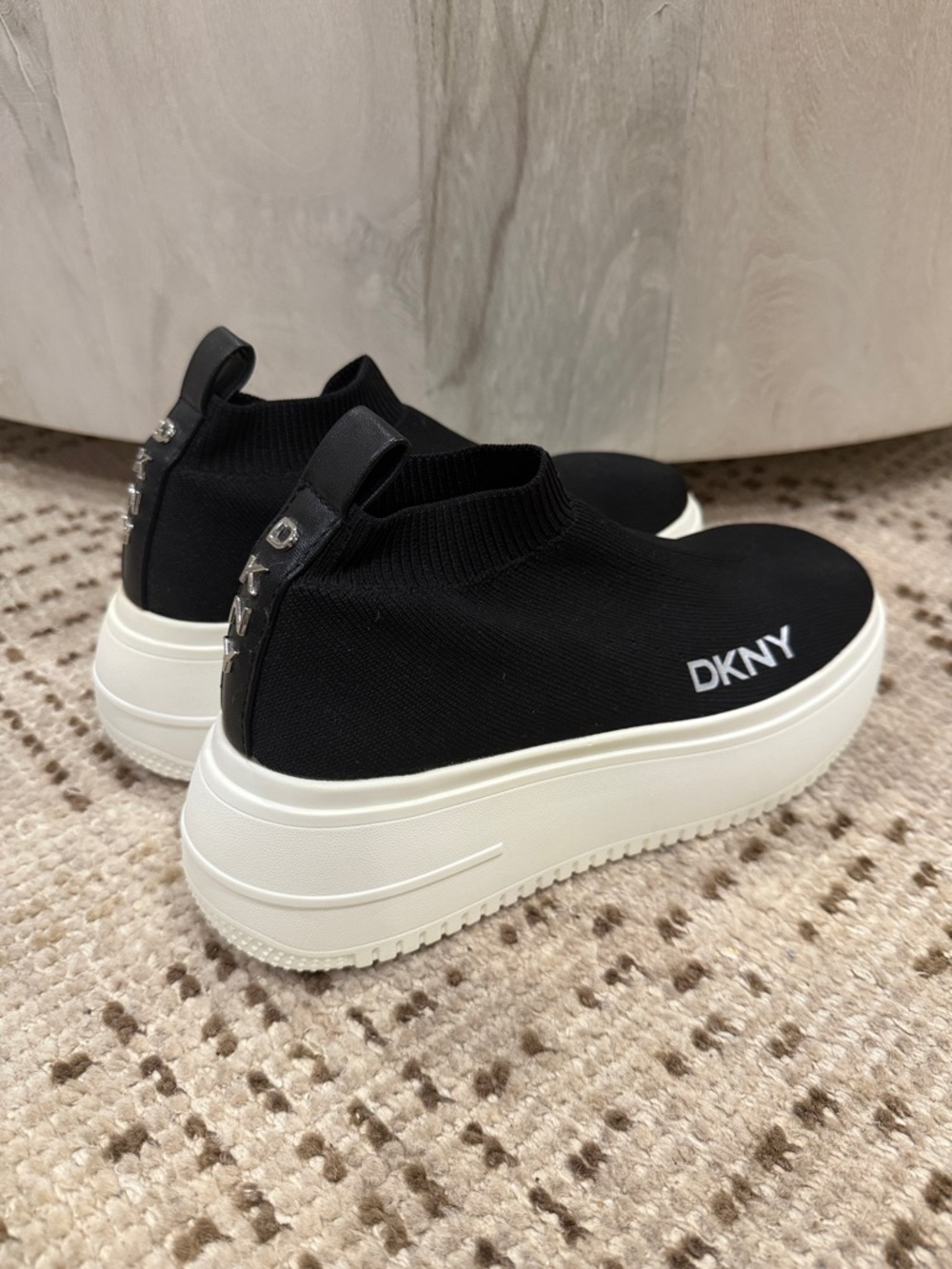 DKNY Black Knit Platform Slip-On Sneakers with White Sole